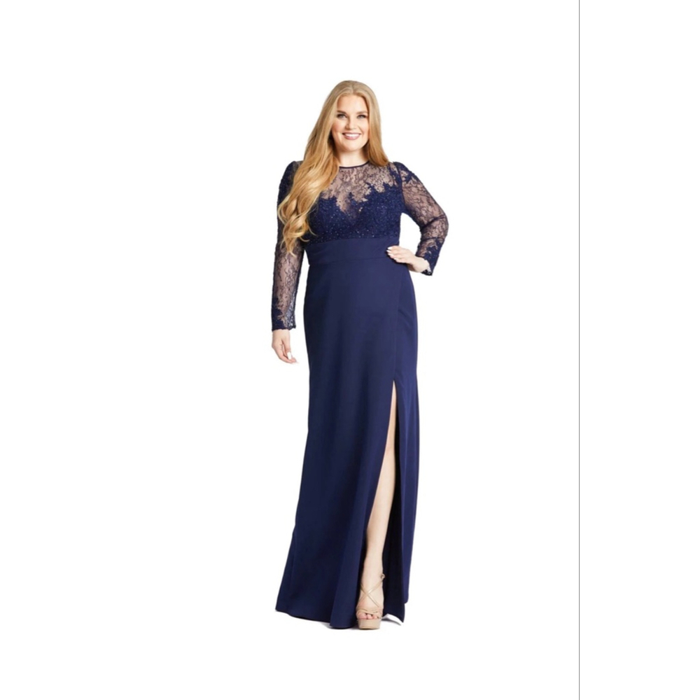 New Mac Duggal Lace Bodice Long sleeve Gown W/ Slit Sz 18W